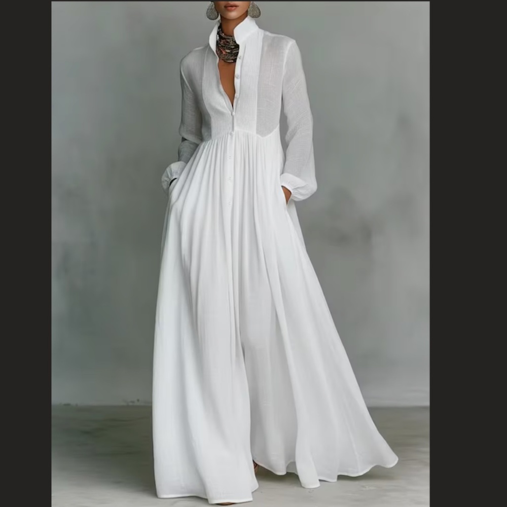 White French Style Pleated Maxi Dress – Elegant Button Down Long Sleeve Dress M